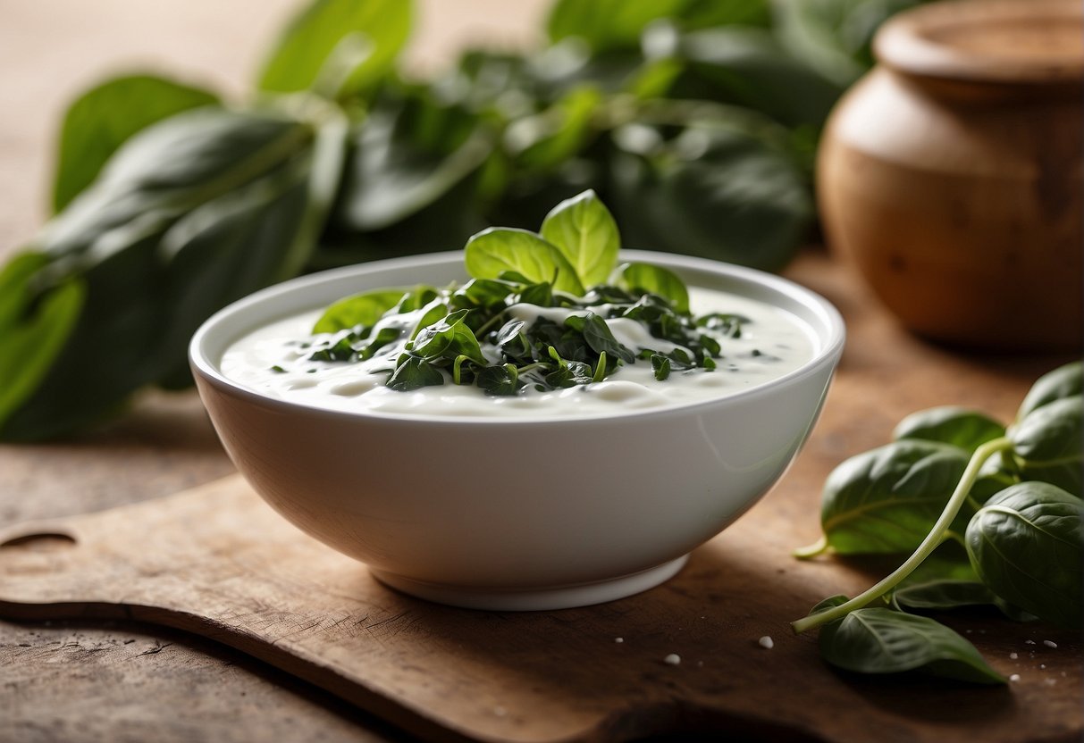 A bowl of yogurt with spinach leaves scattered around it. Text "Nutritional Information: Can you mix spinach and yogurt?" displayed nearby