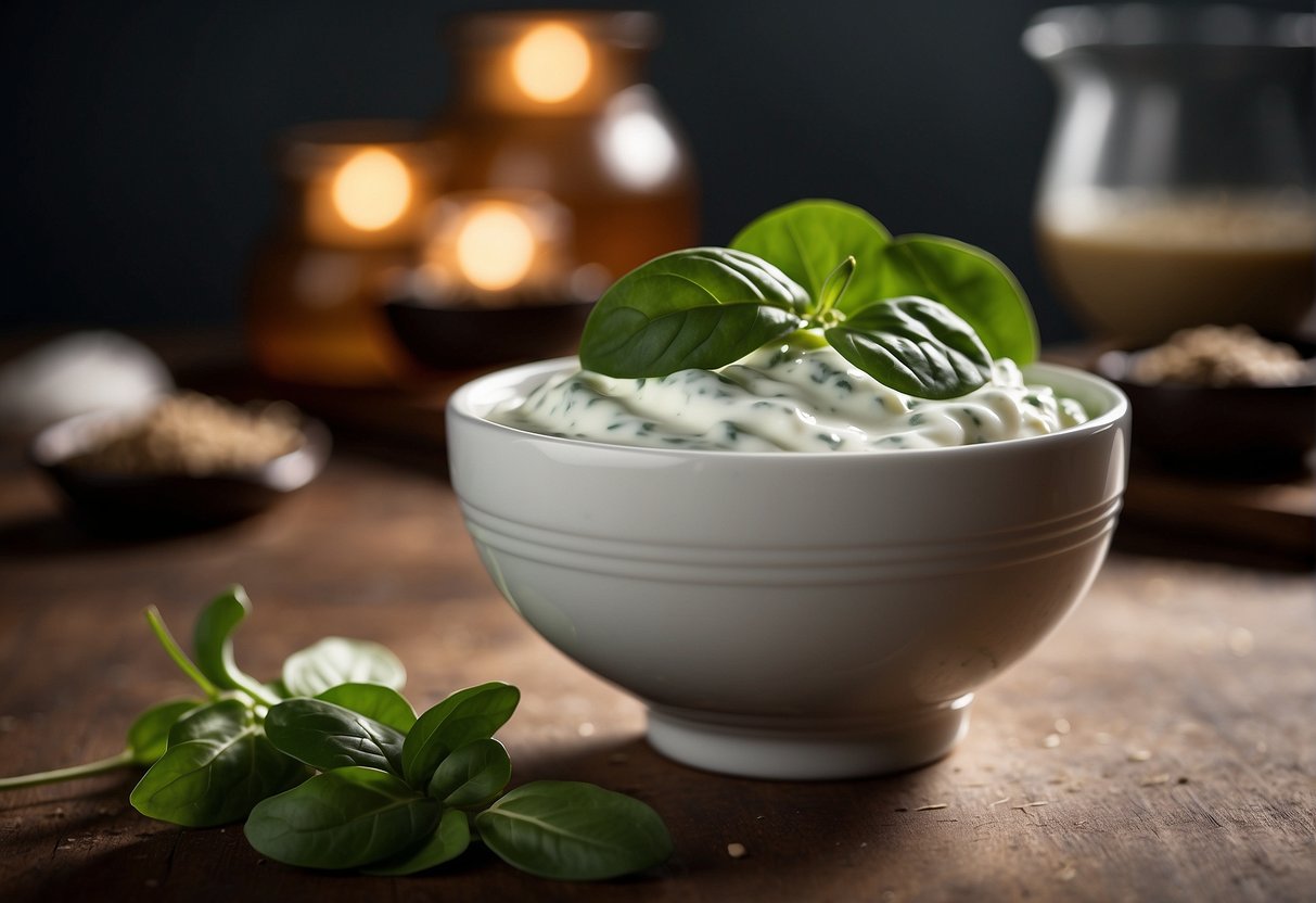 A bowl of yogurt with fresh spinach leaves on the side
