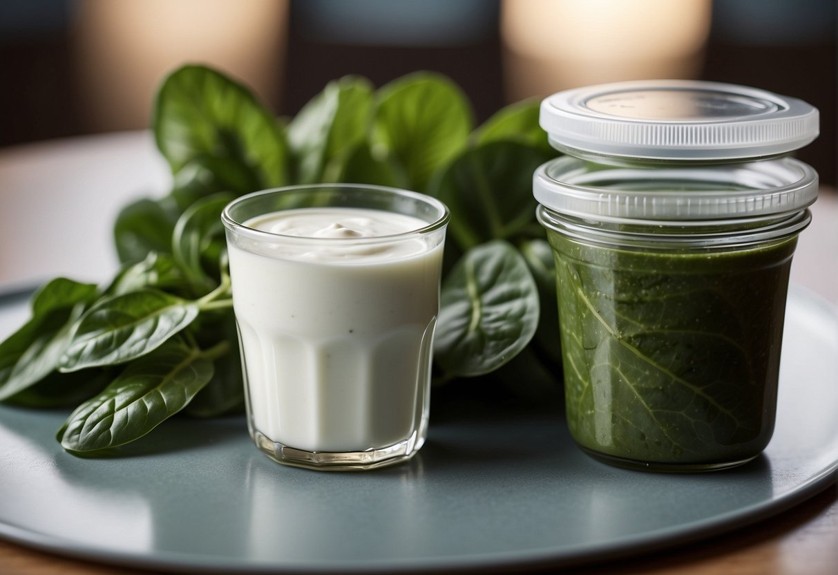 Spinach leaves and a container of yogurt placed side by side