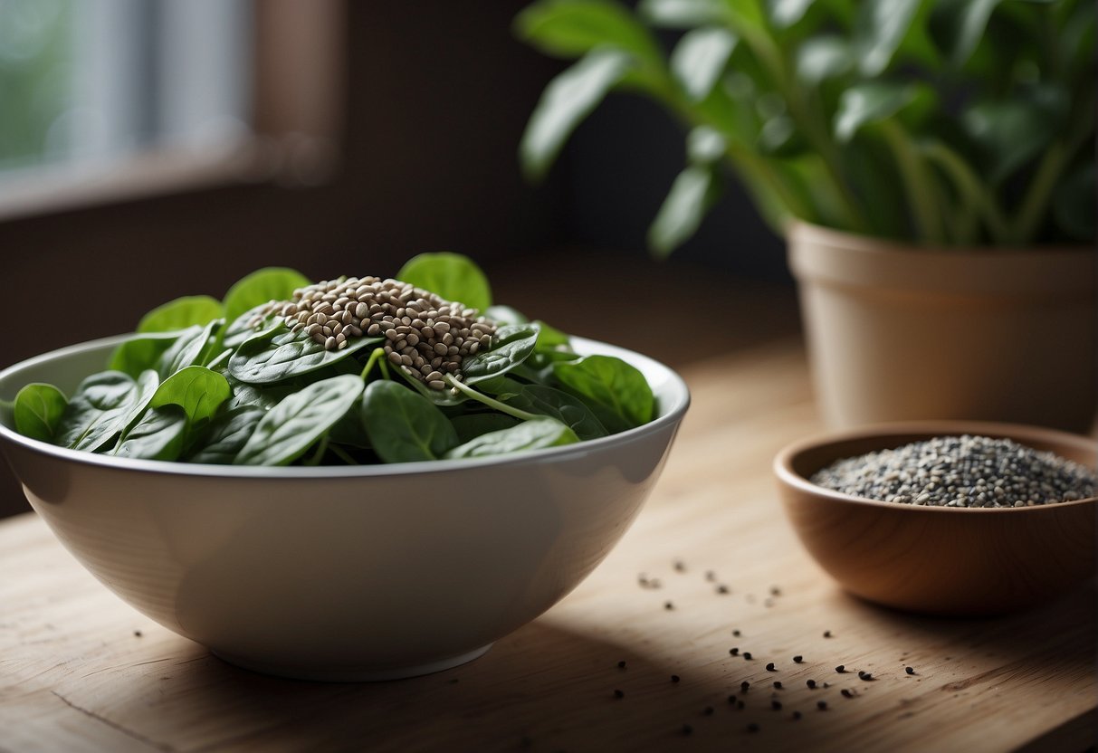 Spinach leaves and chia seeds are being combined in a mixing bowl