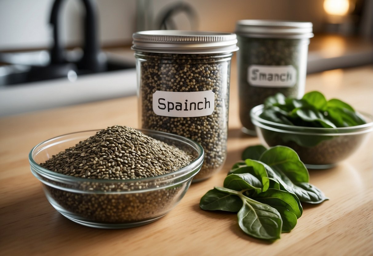 Spinach and chia seeds in separate containers, labeled and organized on a clean, well-lit kitchen counter