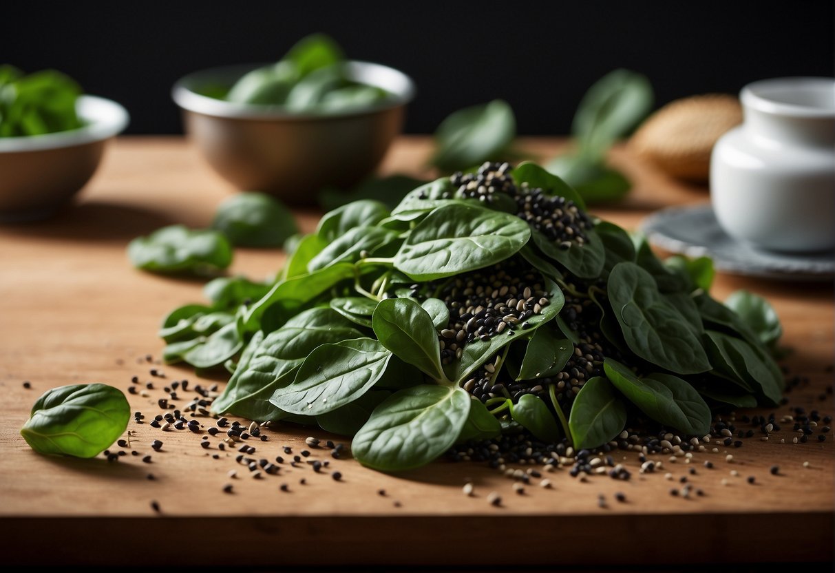 A pile of fresh spinach leaves and a scattering of chia seeds on a clean kitchen counter