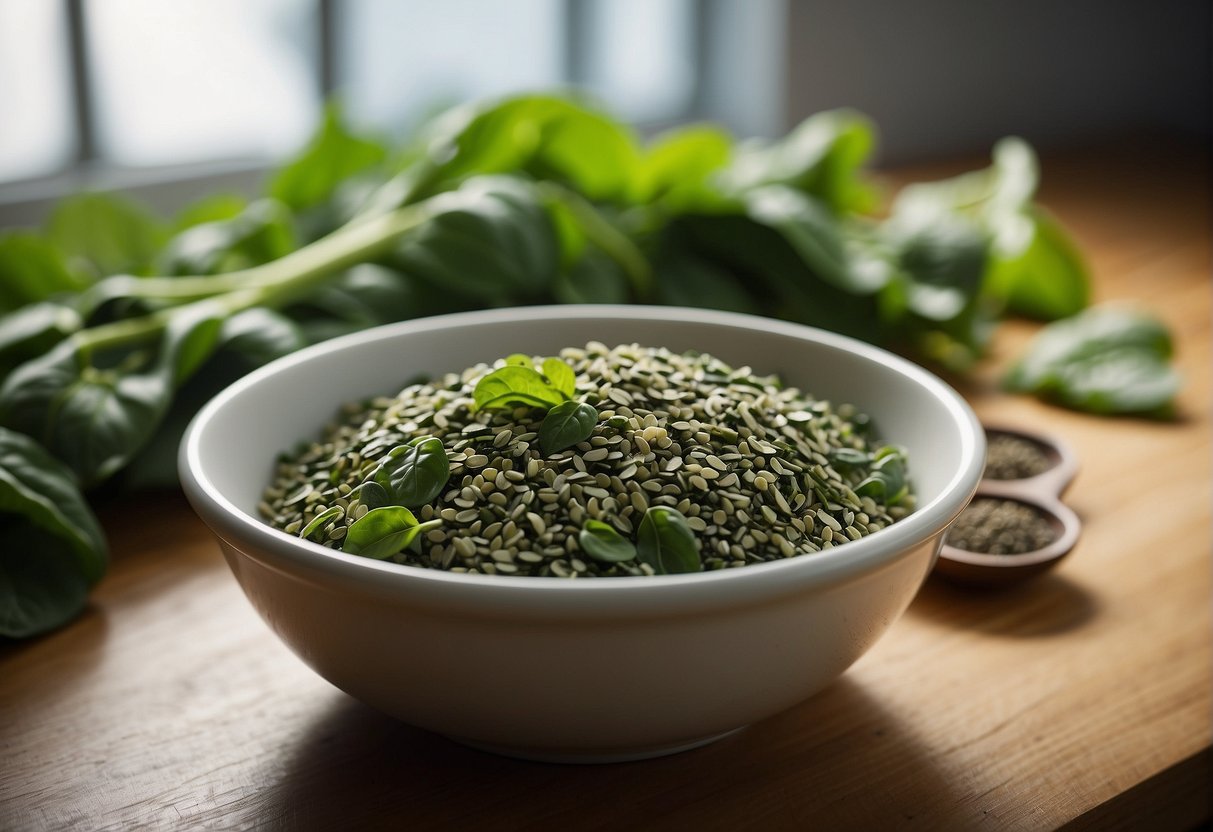 A bowl of spinach leaves and chia seeds sitting together on a kitchen counter