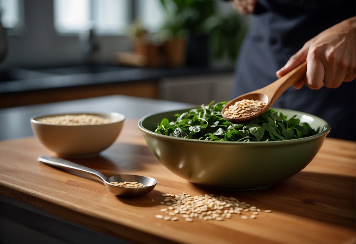 Spinach and oats are being mixed in a bowl, with a spoon stirring the ingredients together. The bowl is placed on a kitchen counter next to a cutting board and a measuring cup