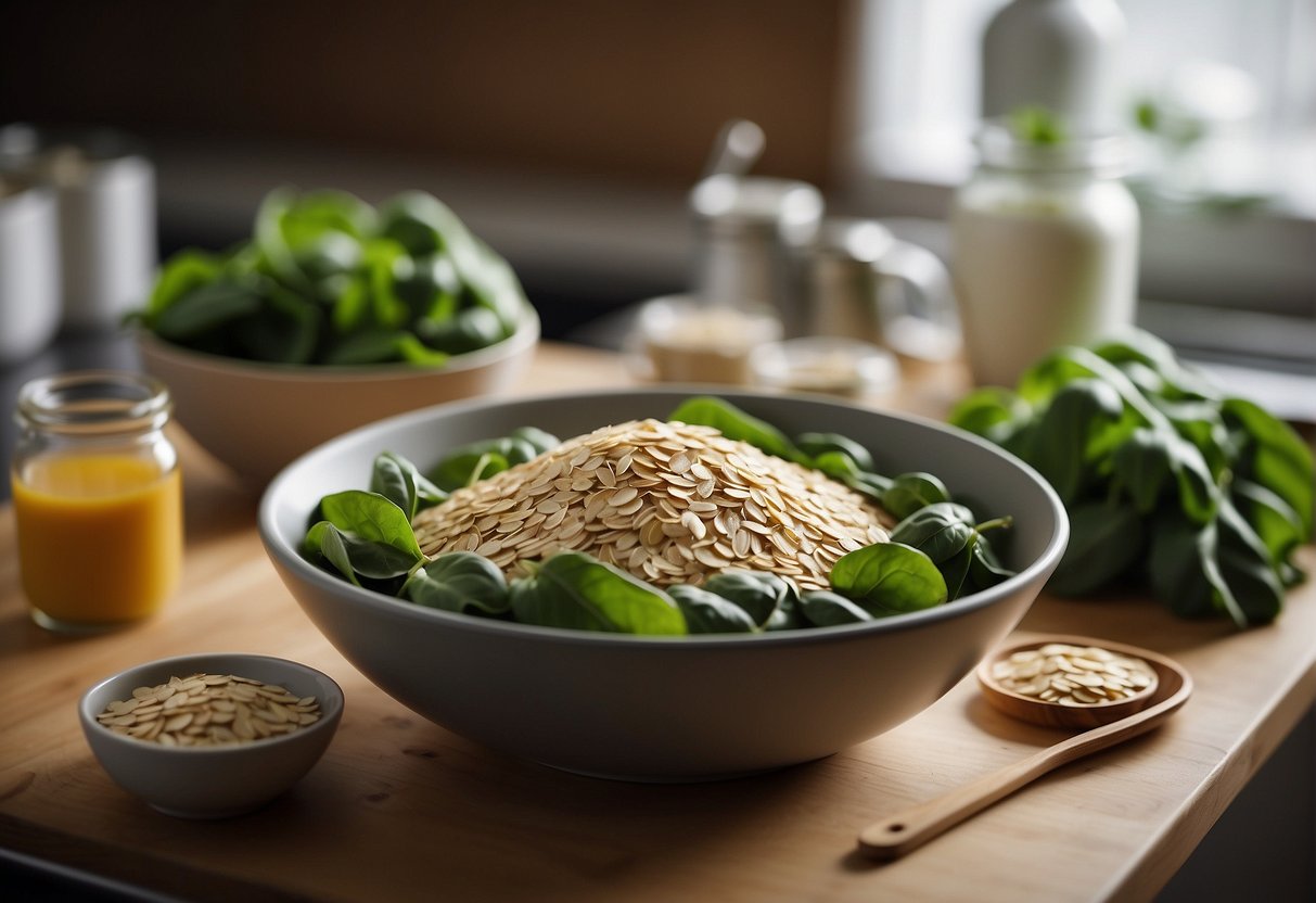 A bowl of oats and spinach sit on a kitchen counter, ready to be mixed together. Ingredients and utensils are neatly arranged nearby
