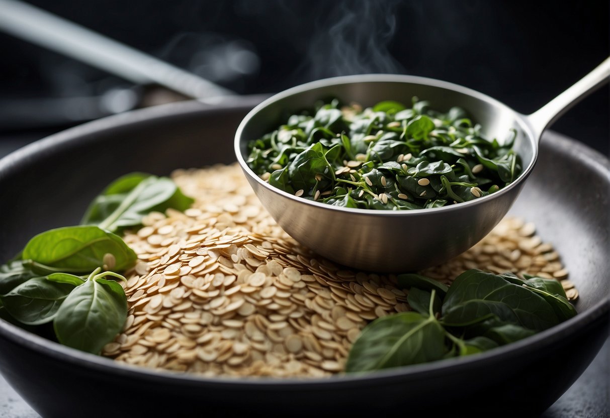 A mixing bowl with spinach and oats blending together
