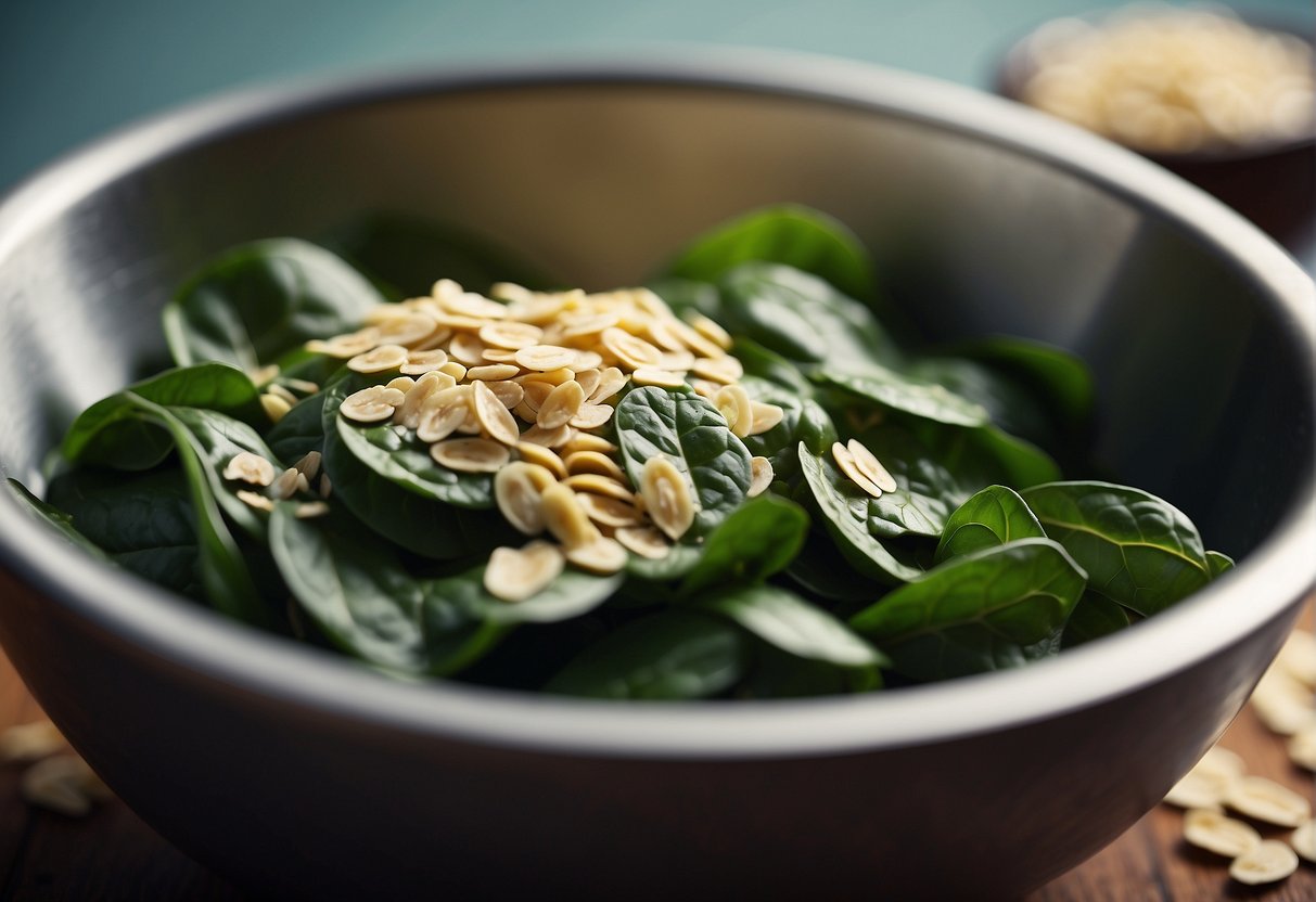 Spinach and oats in a mixing bowl, with a spoon blending them together