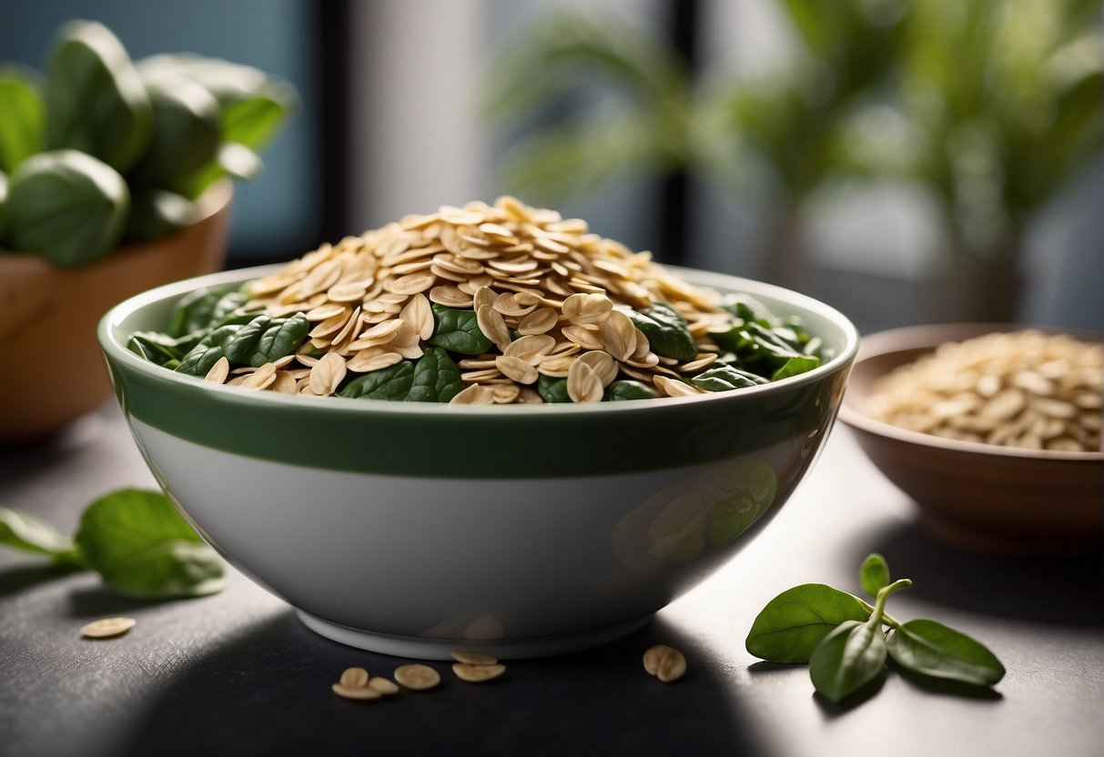 A bowl of oats and spinach leaves sitting side by side on a kitchen counter