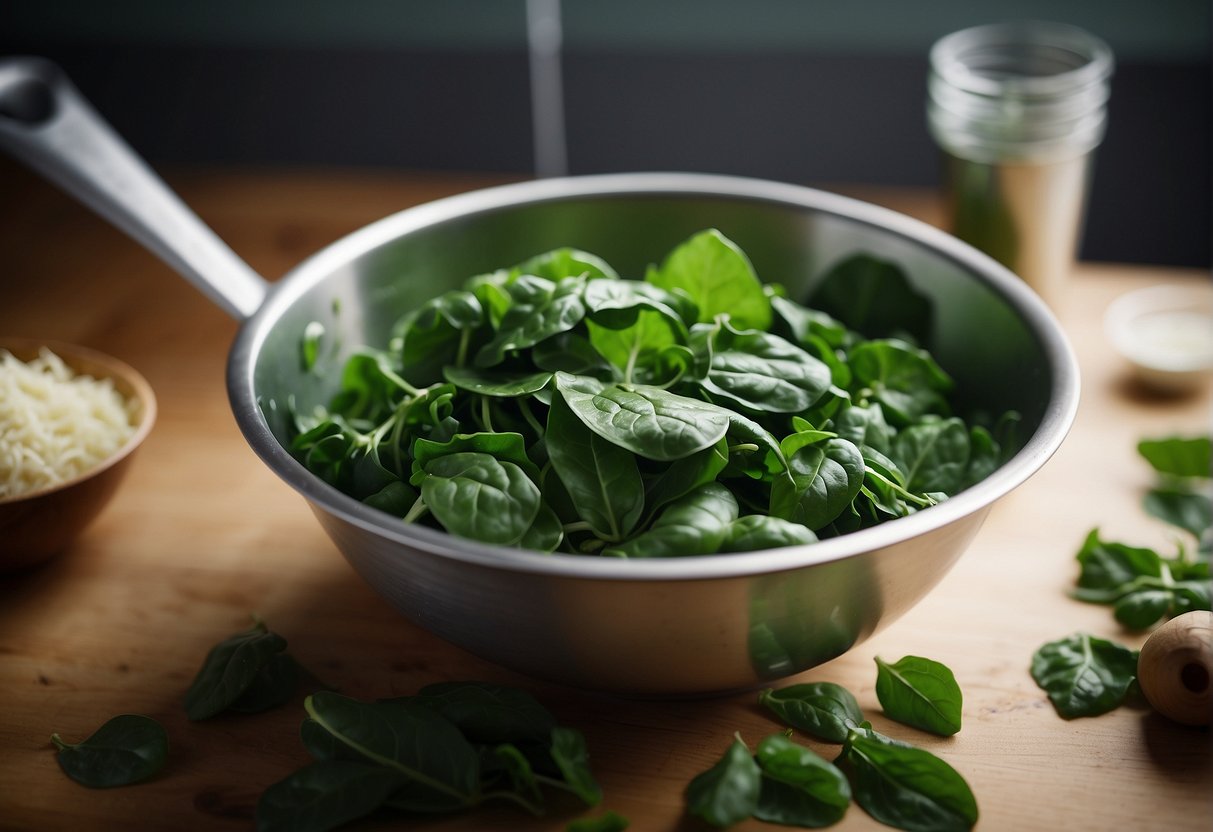 Spinach and kale leaves are being tossed together in a mixing bowl, creating a vibrant green mixture for a recipe