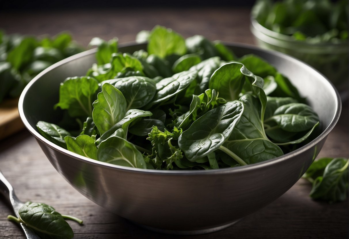 Spinach and kale leaves are being combined in a mixing bowl