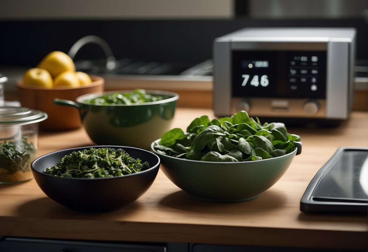 Spinach and kale in separate containers, labeled. Microwave and stovetop nearby. Mixing bowl and utensils on counter