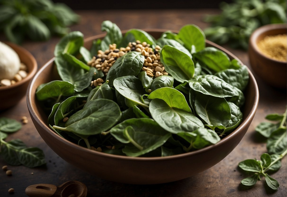 Spinach and kale leaves mixing in a bowl, surrounded by various herbs and spices