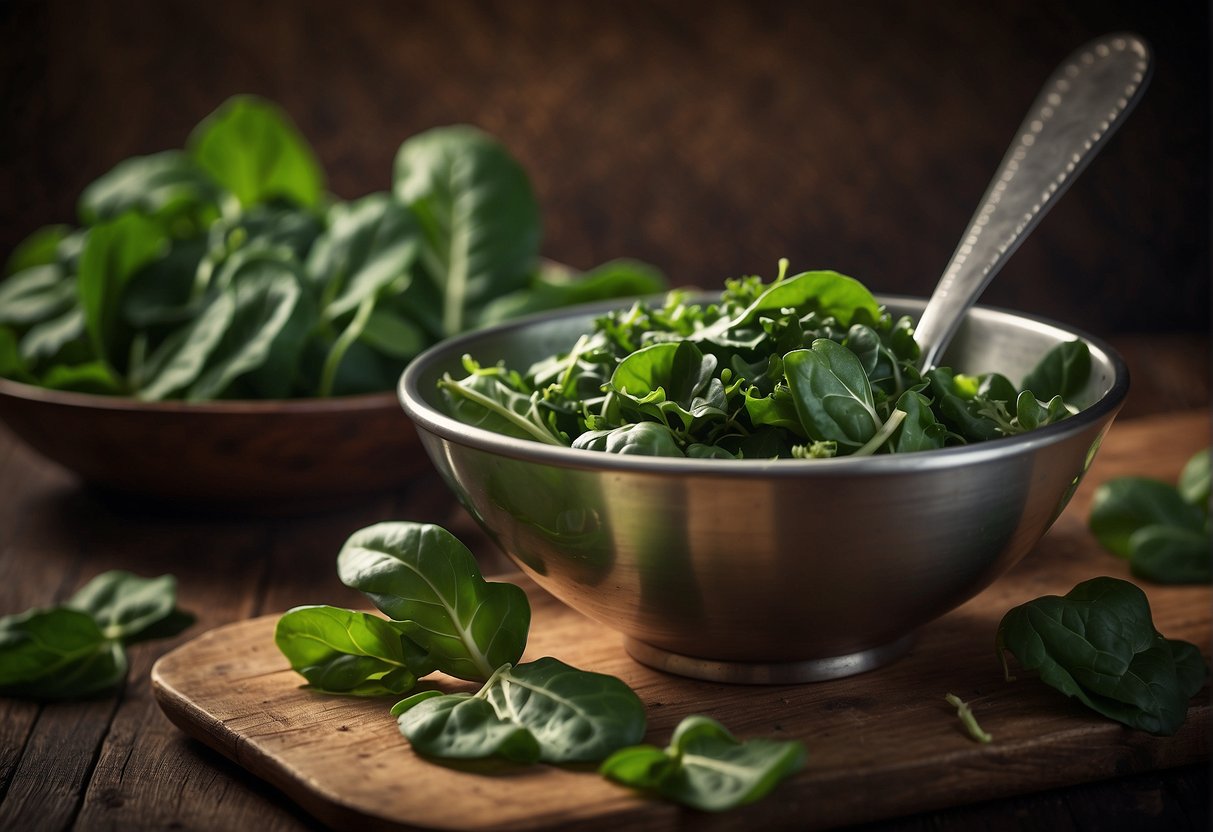 Spinach and kale leaves in a bowl, with a mixing spoon