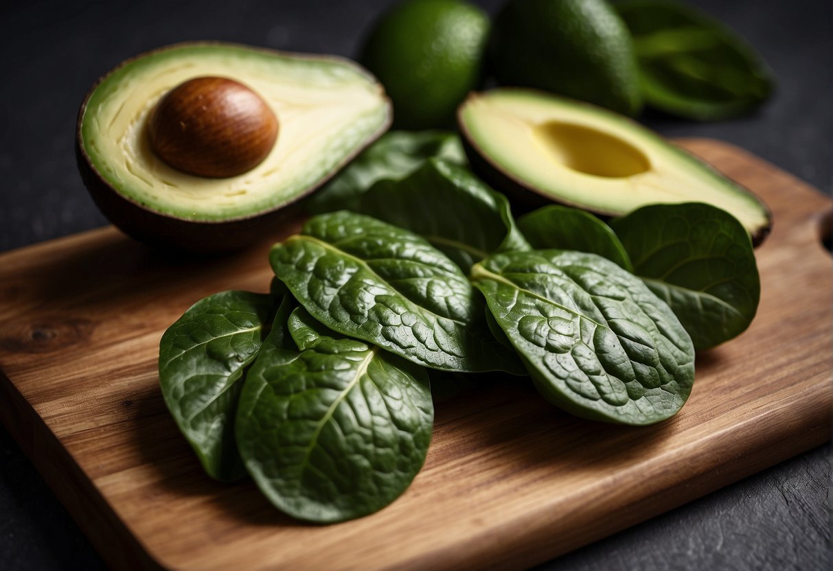 Spinach leaves and avocado slices arranged on a cutting board