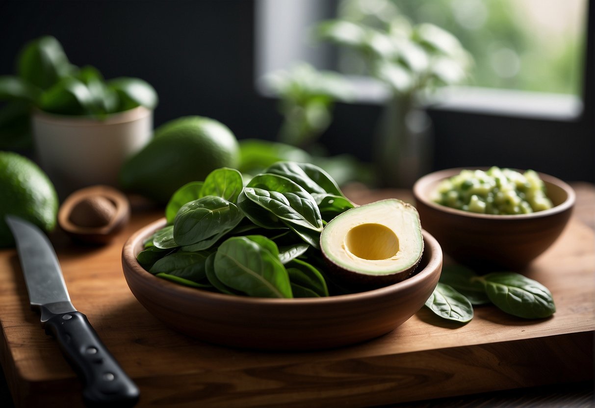 A bowl of fresh spinach leaves and ripe avocados, with a cutting board and knife nearby