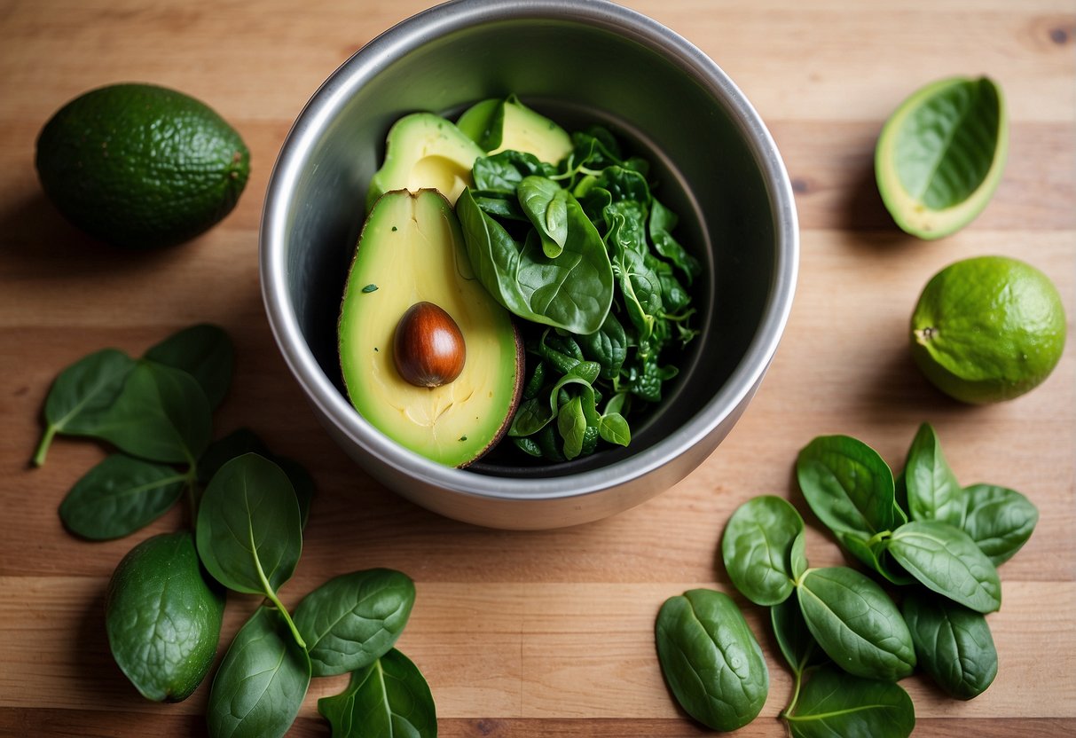 A ripe avocado and fresh spinach leaves are being combined in a mixing bowl, creating a vibrant green color palette