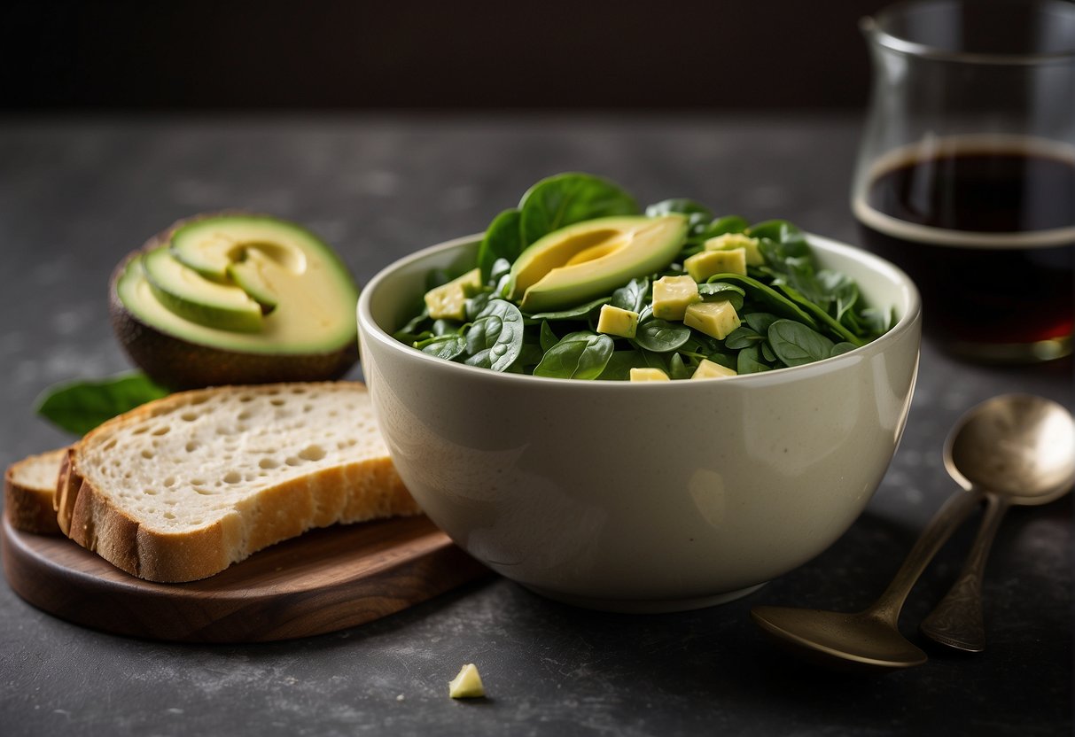 A bowl of mixed spinach and avocado, arranged in an appetizing manner, with a side of balsamic vinaigrette and a slice of crusty bread