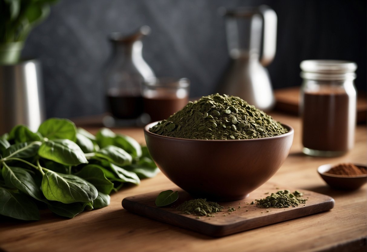 A bowl of fresh spinach leaves and a container of cocoa powder sit on a kitchen counter, ready to be mixed together