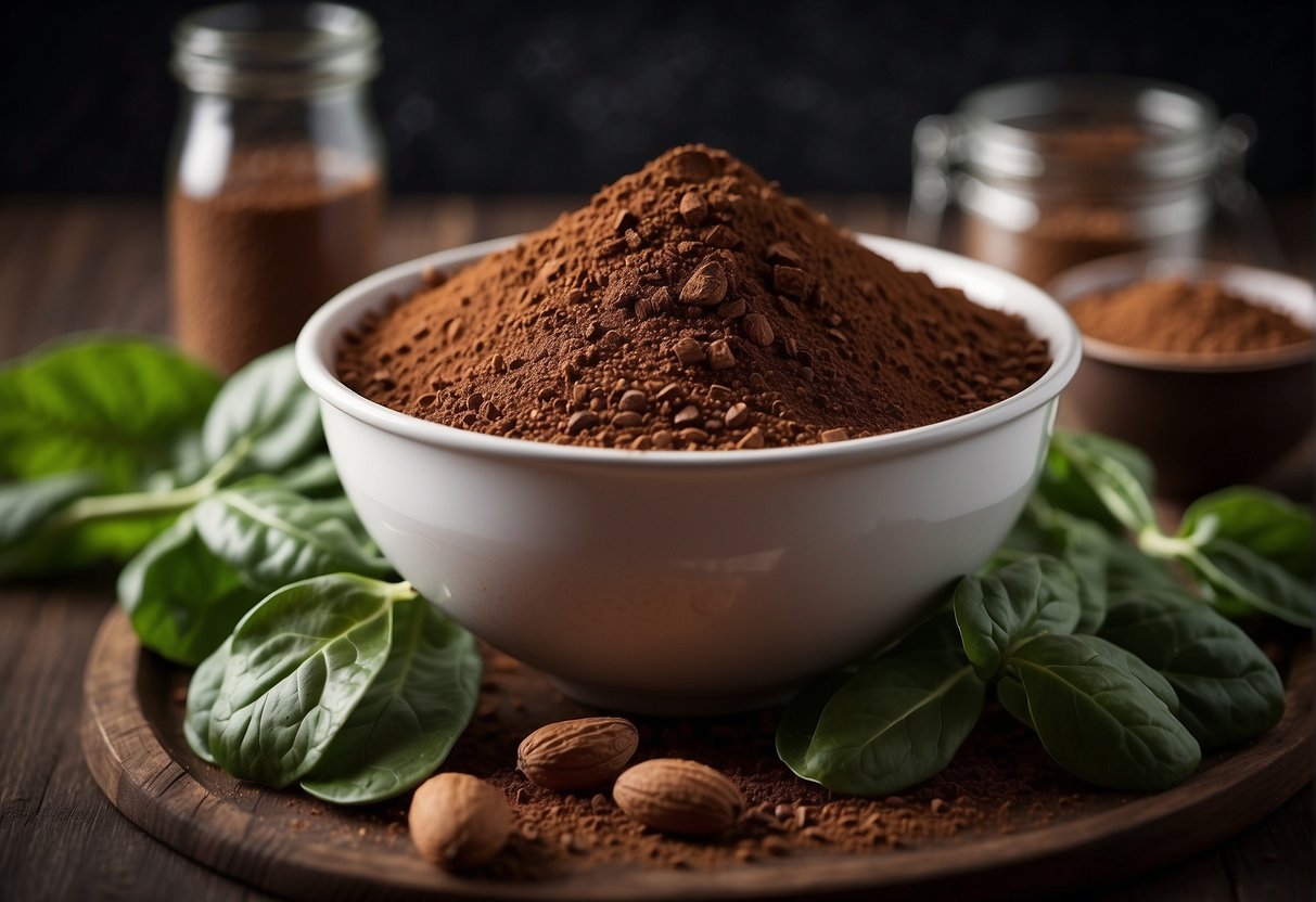 A mixing bowl with spinach leaves and cocoa powder blending together