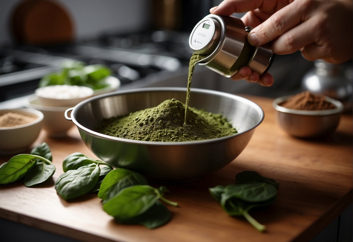 A bowl of spinach and cocoa powder sit on a kitchen counter. A hand reaches for a blender, ready to mix the two ingredients together