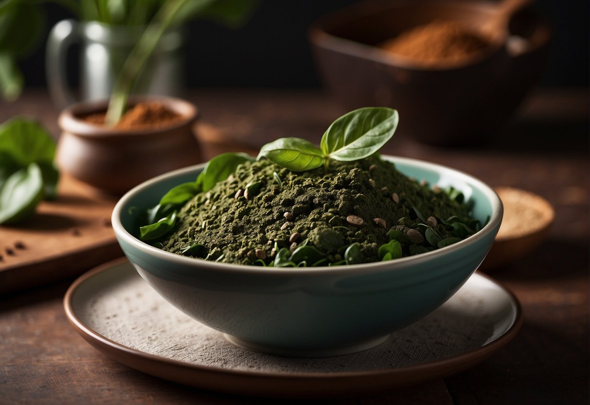 A bowl of spinach and cocoa powder sit side by side, with a question mark hovering above them