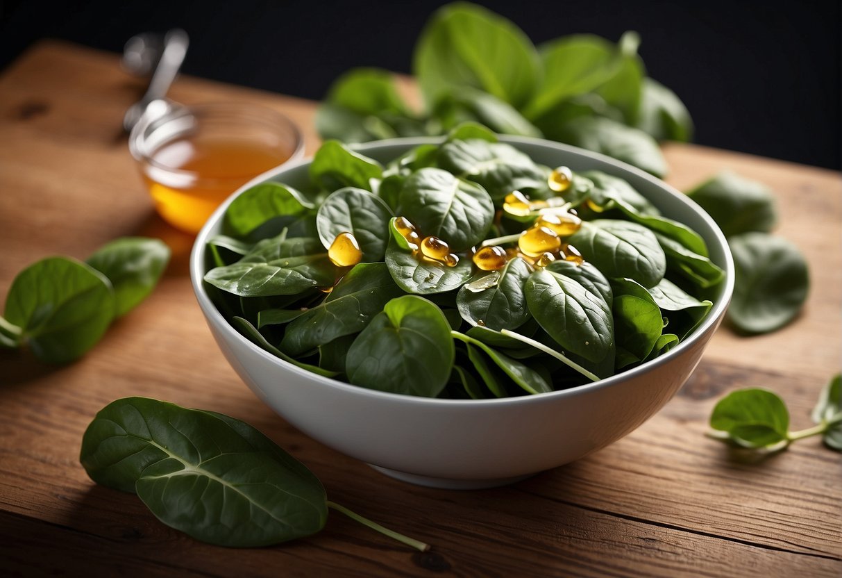 A bowl of fresh spinach leaves drizzled with honey sits on a wooden table, showcasing the combination of health and nutrition benefits