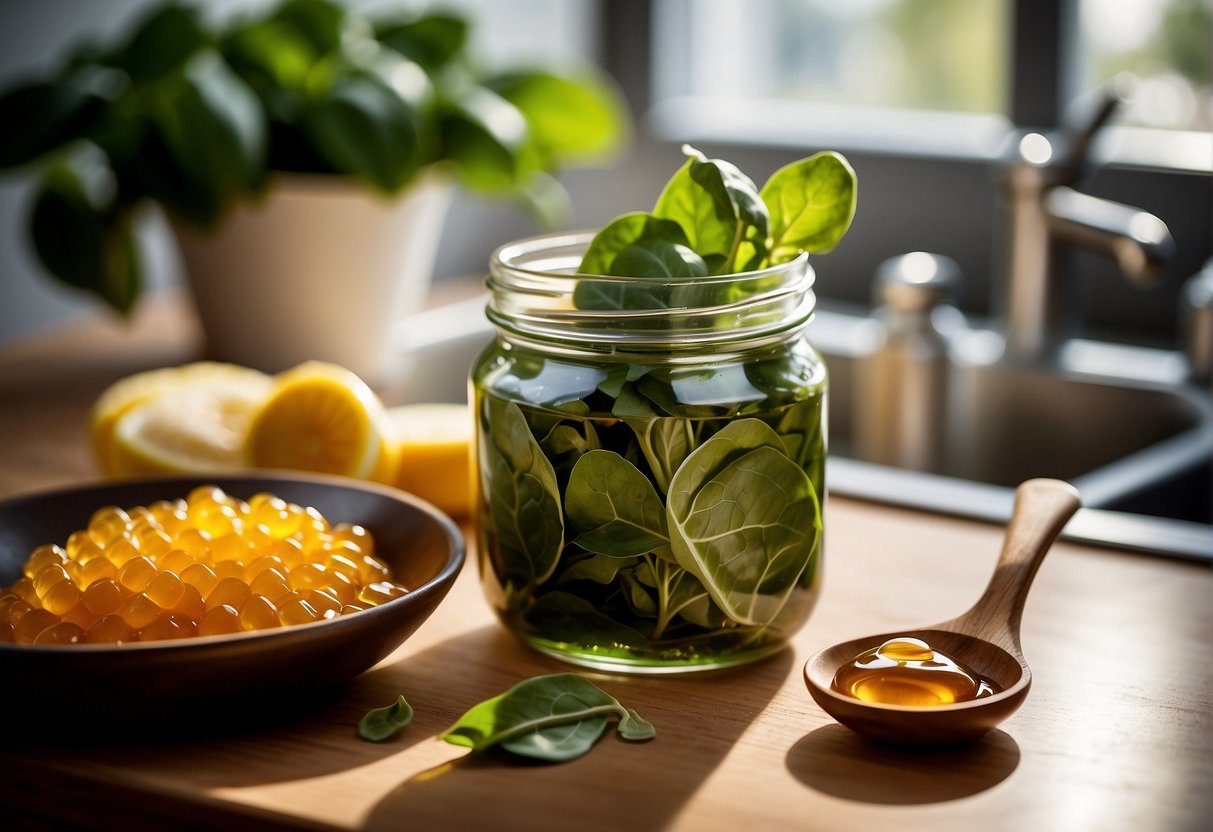 A bowl of fresh spinach leaves and a jar of honey sit on a kitchen counter, with a mixing spoon nearby