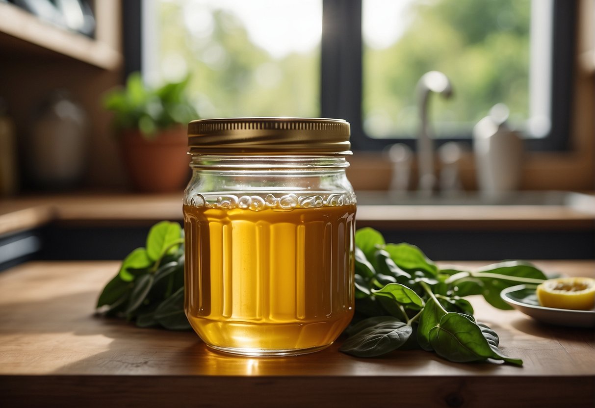 A jar of honey and a bunch of spinach on a kitchen counter