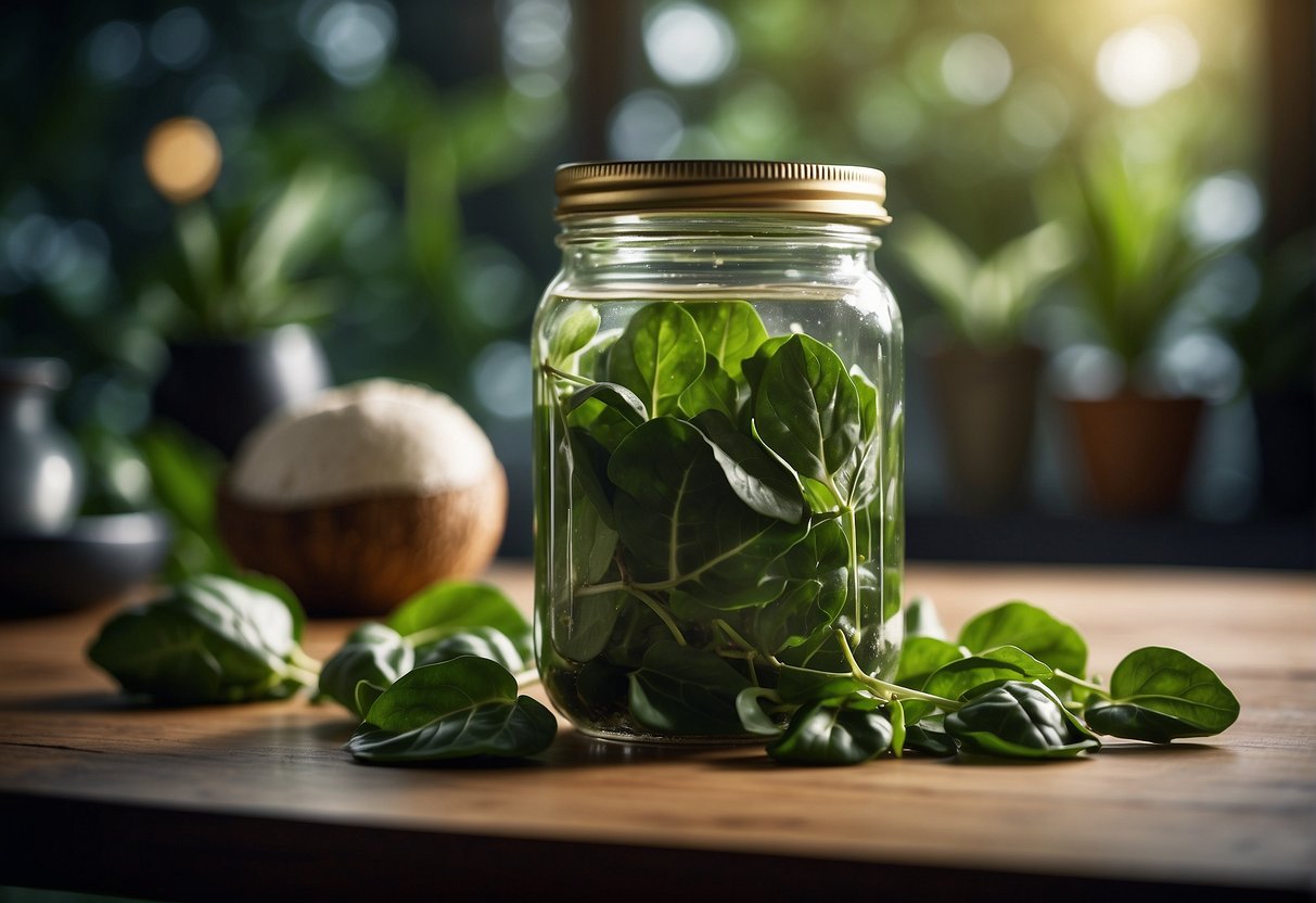 Spinach leaves and coconut water blend in a glass jar