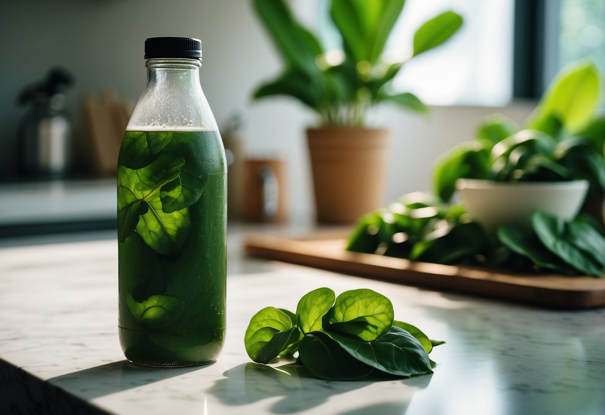 Spinach leaves and a coconut water bottle on a kitchen counter