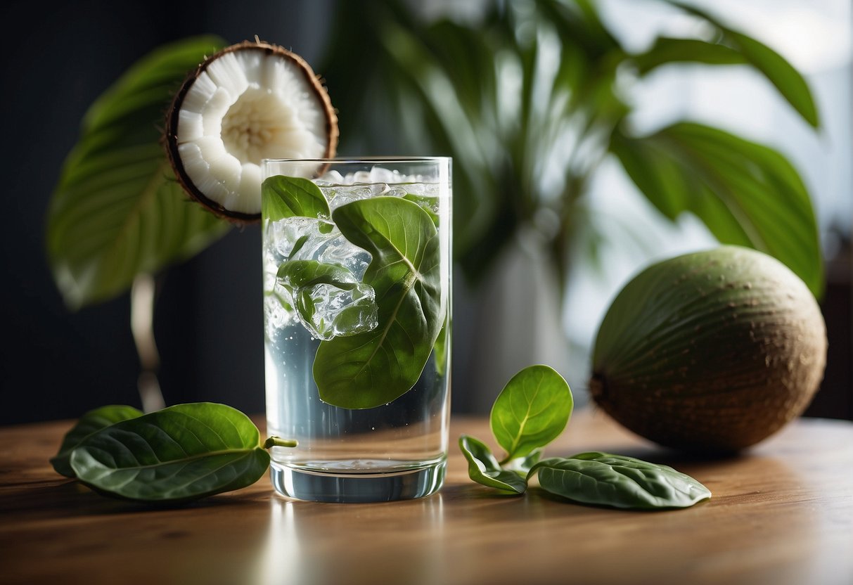 A glass of coconut water with spinach leaves floating inside