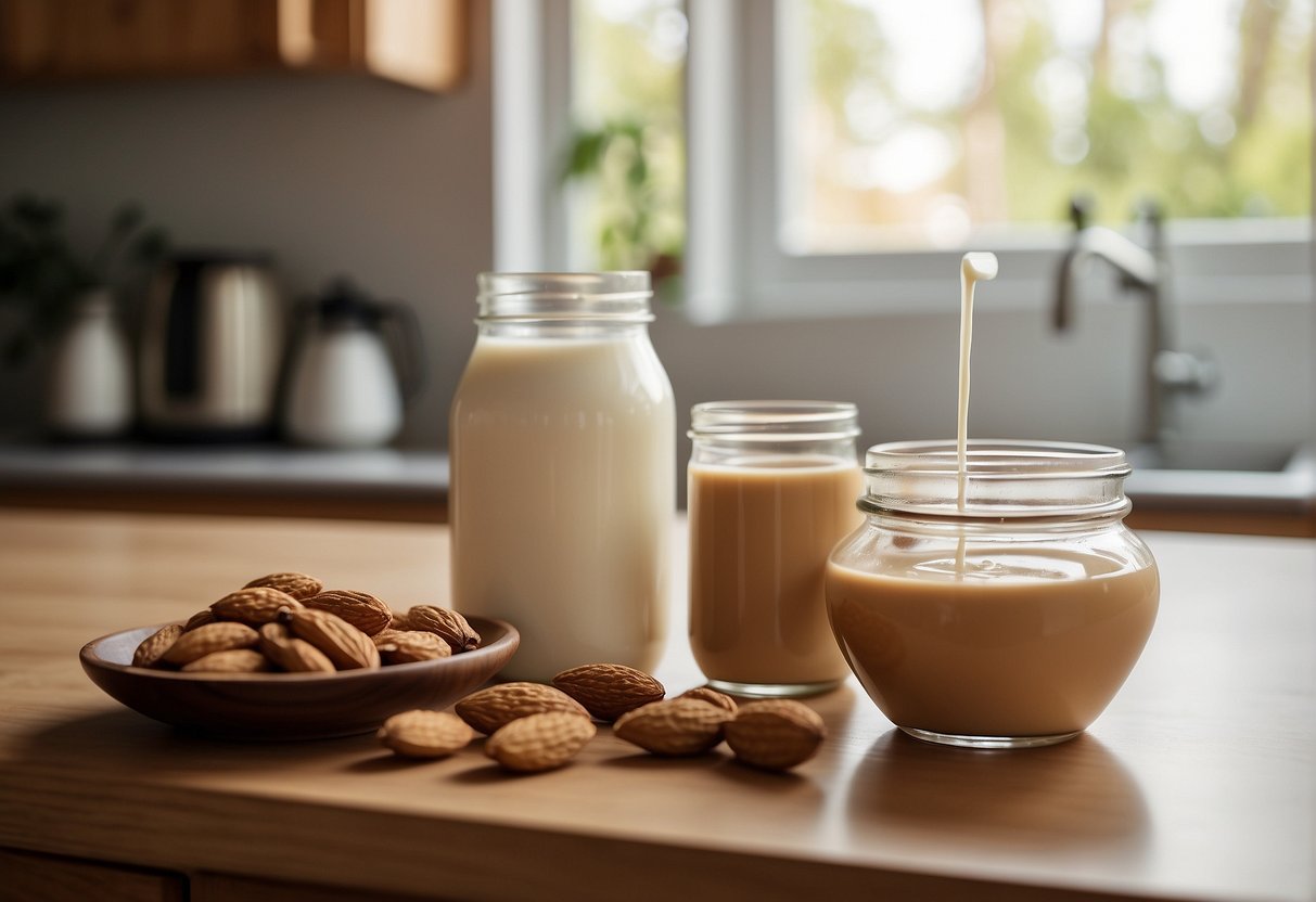 A glass of almond milk and a jar of peanut butter sit side by side on a kitchen counter