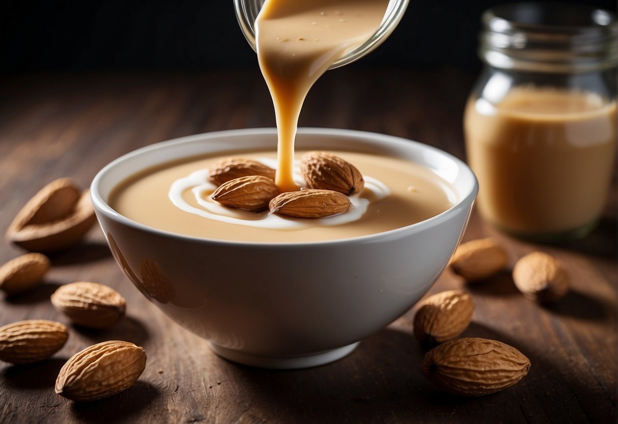 Almond milk pours into a bowl, followed by a dollop of peanut butter, ready to be mixed together