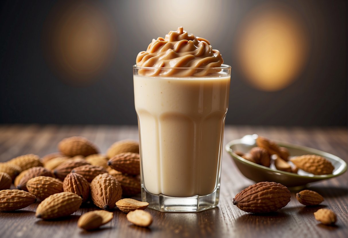 Almond milk and peanut butter swirl together in a glass, creating a creamy blend. Various flavorings and add-ins surround the mixture, ready to be incorporated