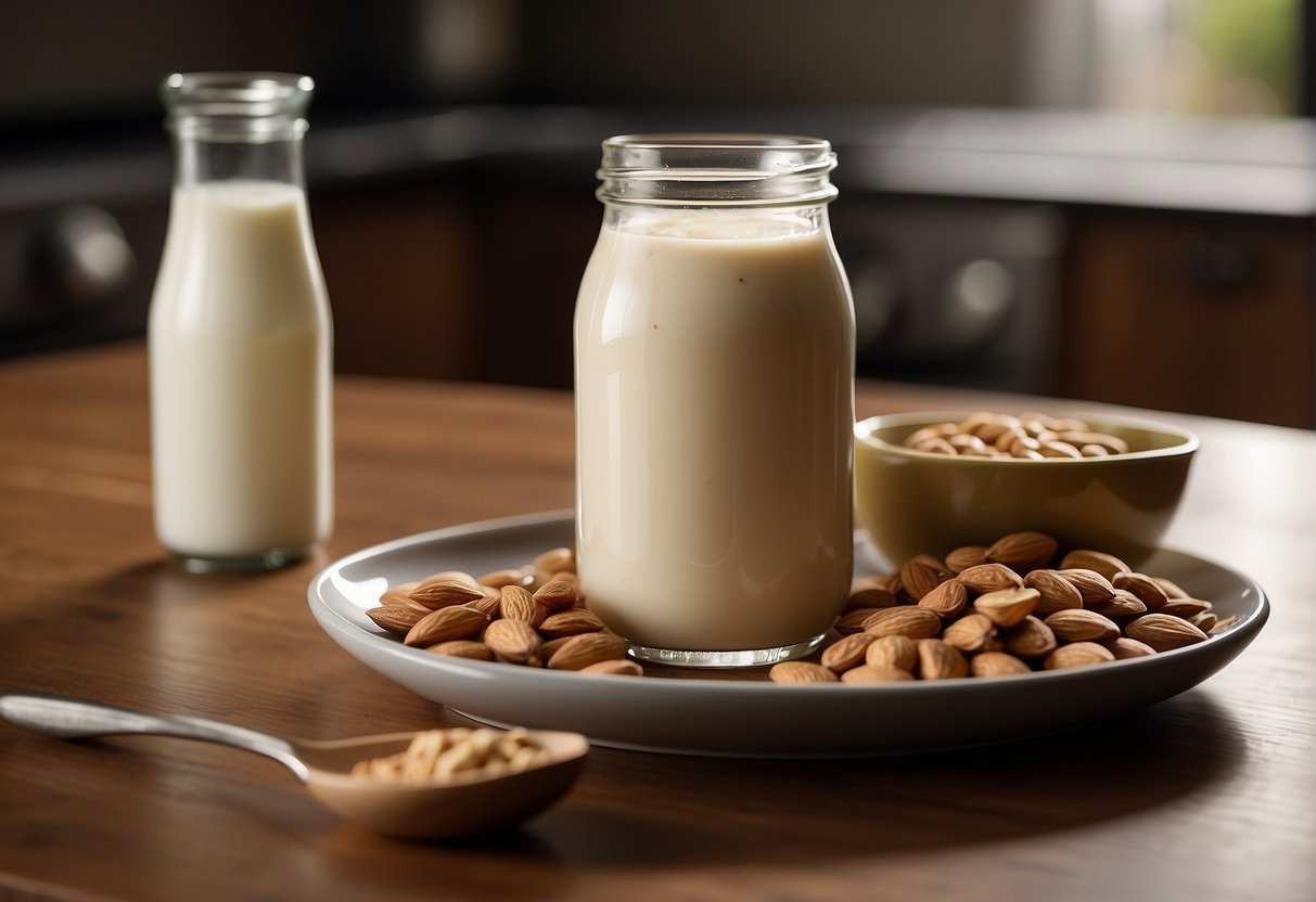 A glass of almond milk and a jar of peanut butter sit on a countertop, with a spoon mixing the two together