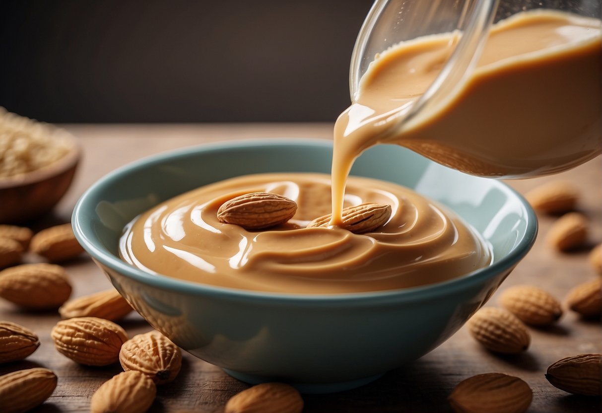Almond milk and peanut butter are being poured together in a mixing bowl