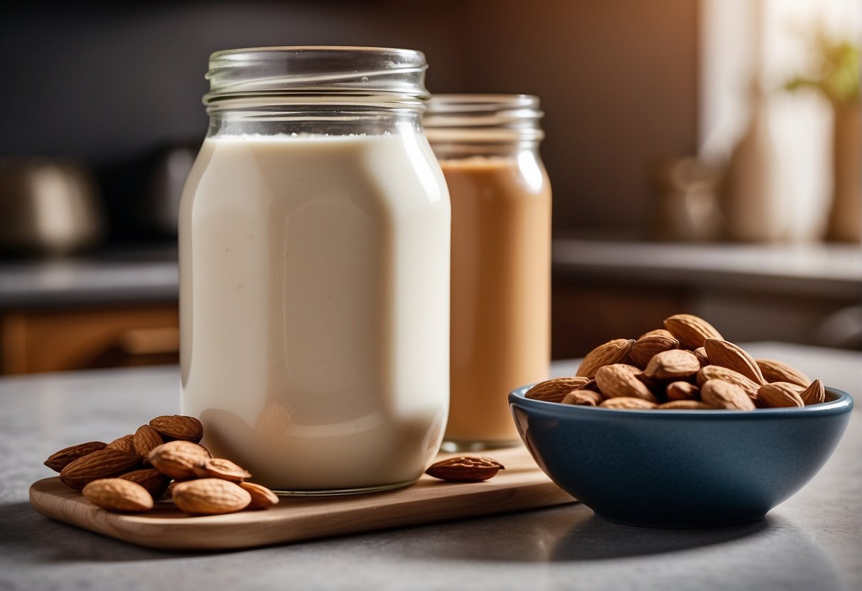 A jar of almond milk and a jar of peanut butter sit side by side on a kitchen counter, with a question mark hovering above them