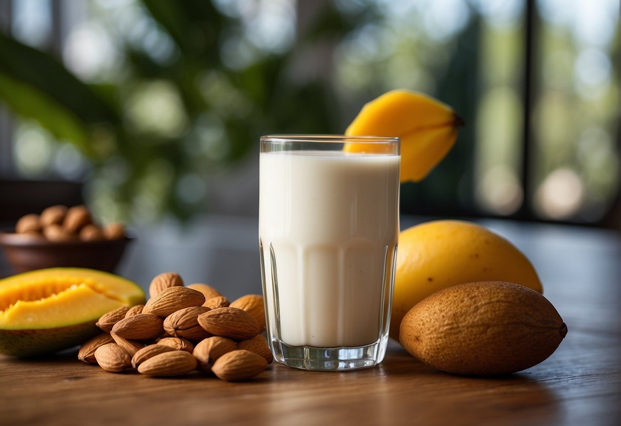 A glass of almond milk and mango sits on a table, showcasing the potential health and nutritional benefits of the combination