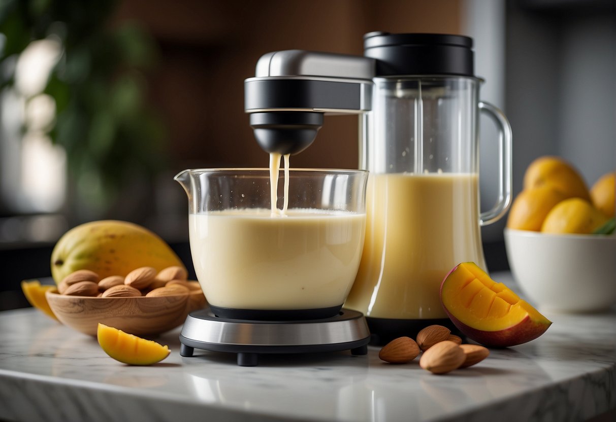 Almond milk pouring into blender with ripe mango chunks