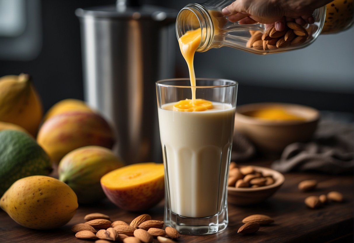 A glass of almond milk being poured into a blender with chunks of ripe mango, ready to be mixed together