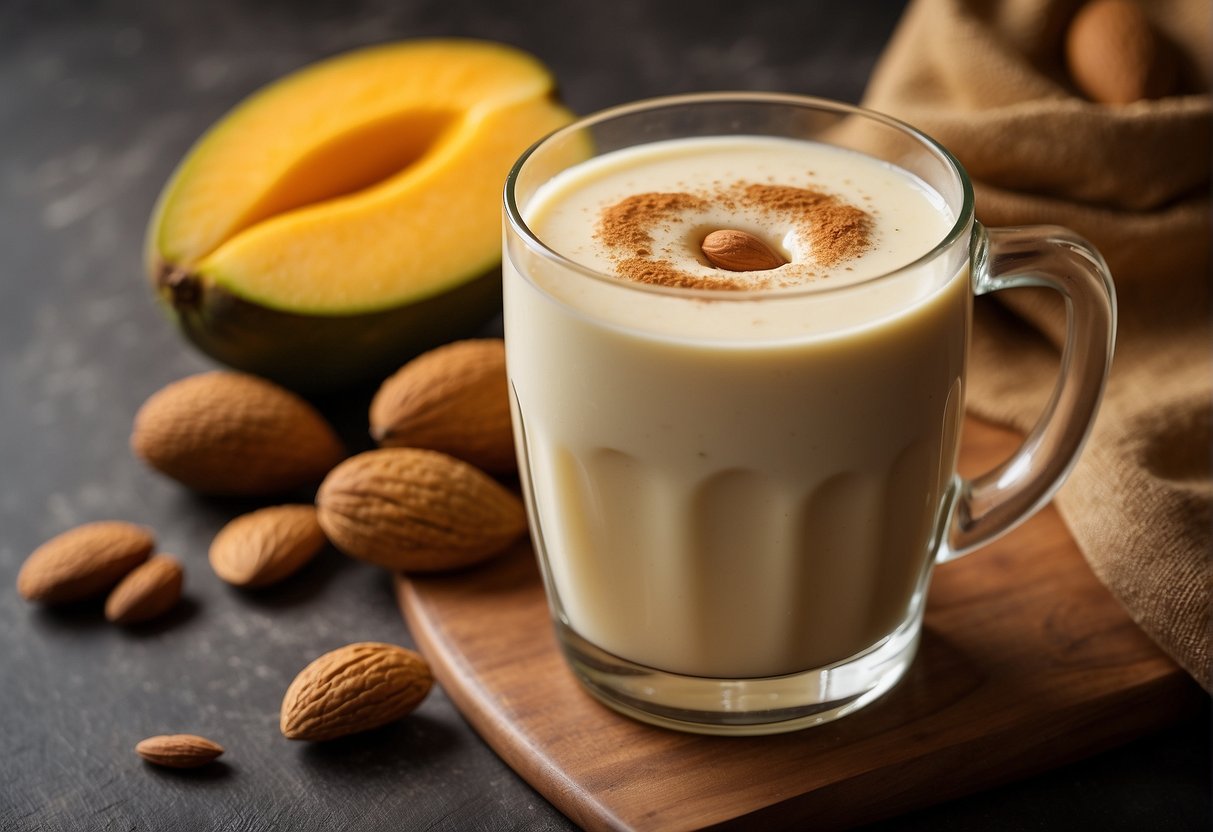 A glass of almond milk and mango blended together, with a question mark hovering above