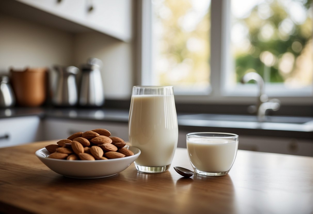 A glass of almond milk and a bowl of yogurt sit side by side on a kitchen counter
