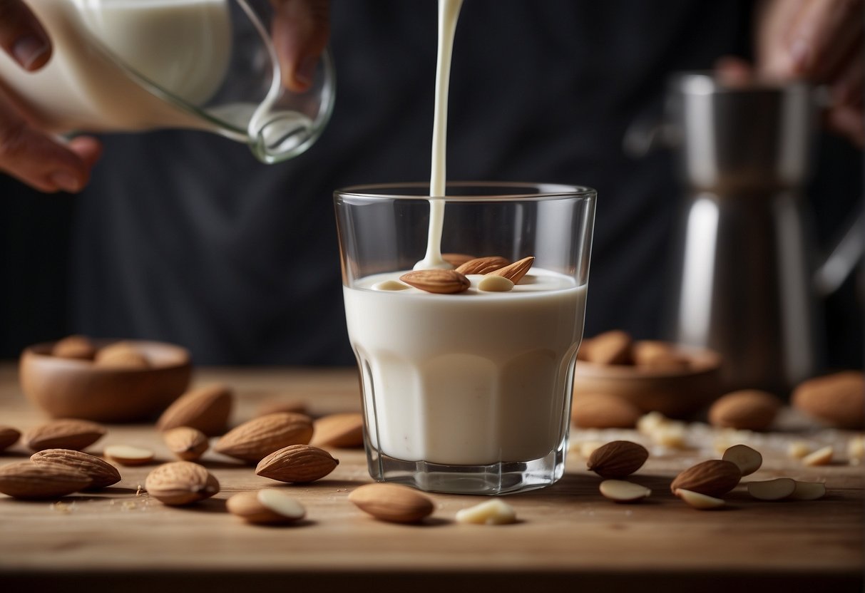 Almond milk and yogurt swirl together in a glass, creating a creamy blend. A spoon stirs the mixture, enhancing the flavor