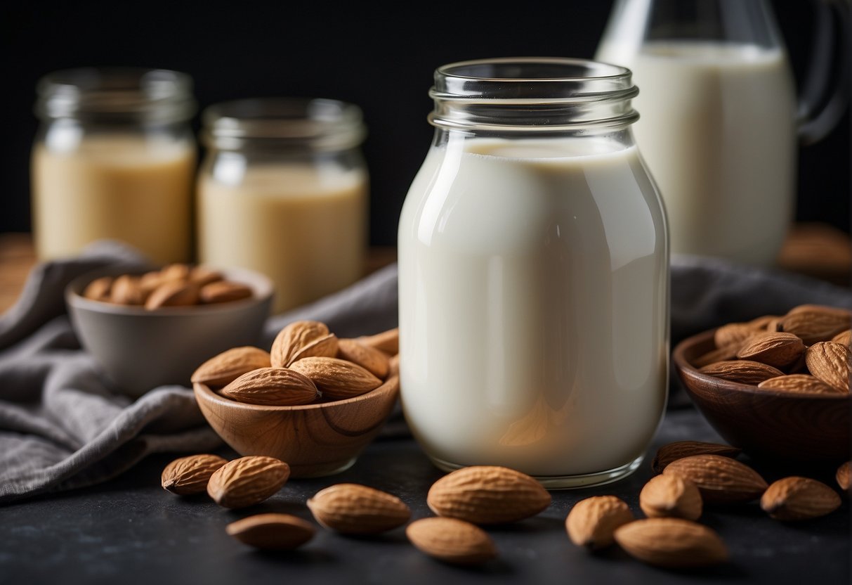 A glass jar of almond milk and yogurt being mixed together