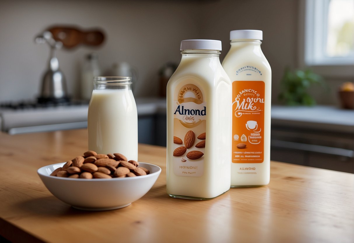 A carton of almond milk and a container of yogurt sit side by side on a kitchen counter, with a question mark hovering above them