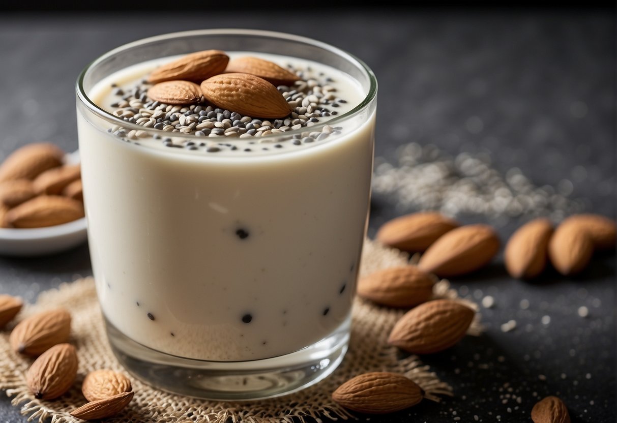 A glass of almond milk with chia seeds sprinkled on top
