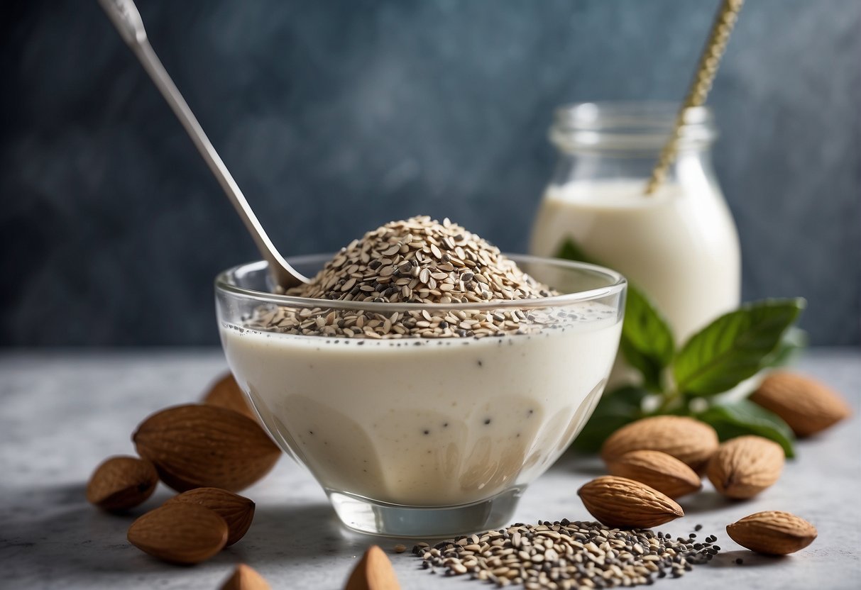 A glass bowl with almond milk and chia seeds being mixed together. Ingredients and a spoon nearby for customization