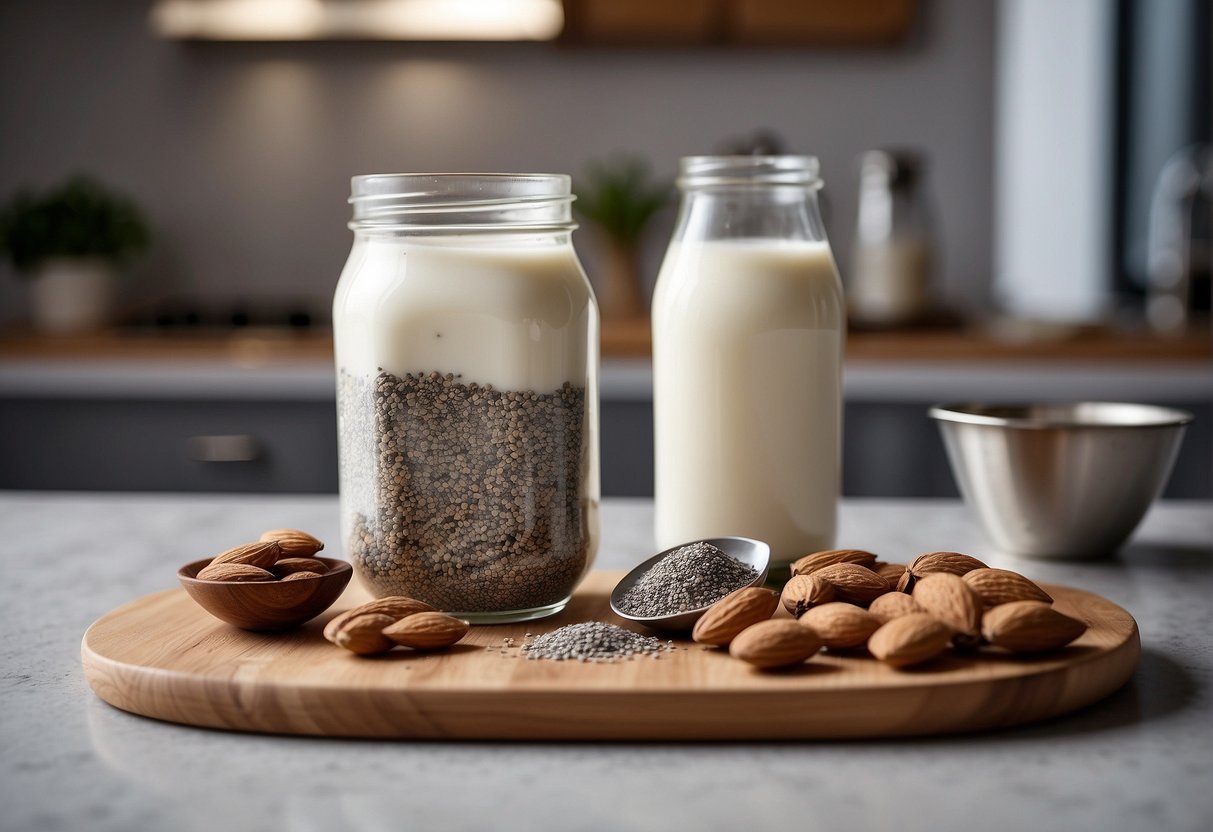 A glass of almond milk with chia seeds mixed in, next to a container of chia seeds and a carton of almond milk on a kitchen counter