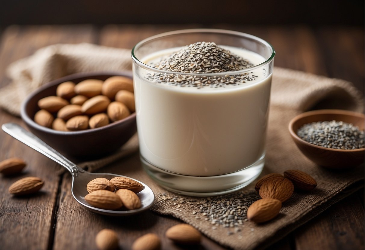 A glass of almond milk with chia seeds sprinkled on top, a spoon mixing them together