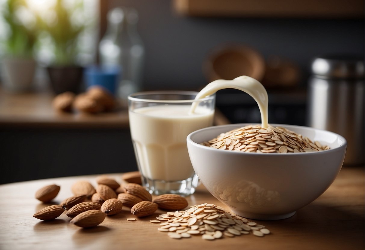 Almond milk pours into a bowl of oats, creating a creamy mixture